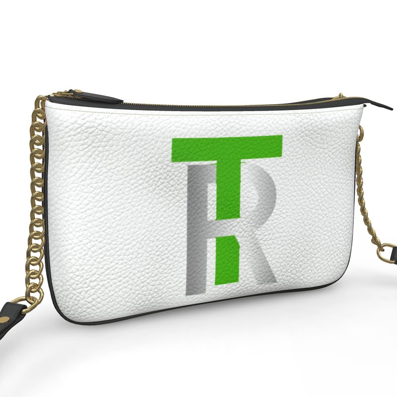 Green Leather Pochette Double Zip Bag w/ signature logo and print